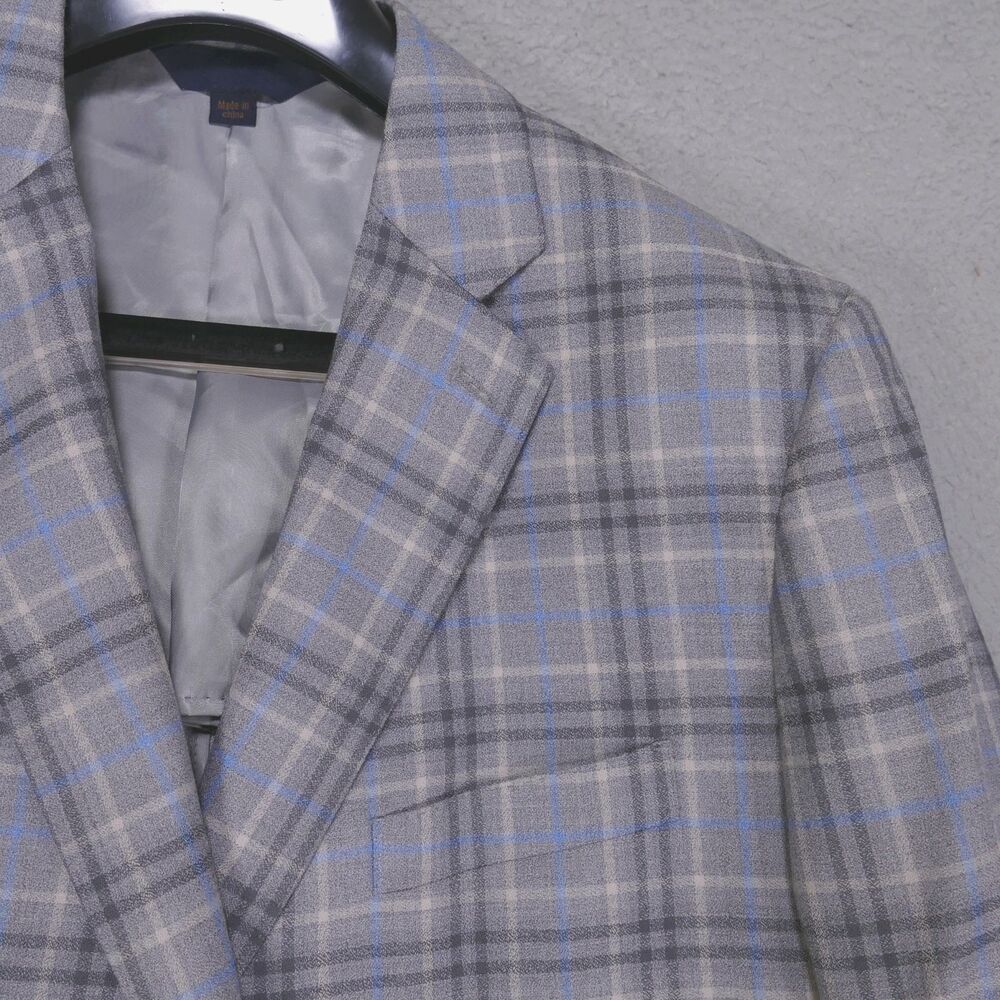 Max Davoli Baroni Sport Coat Blazer Men 46R Gray Blue Plaid Wool Unstructured